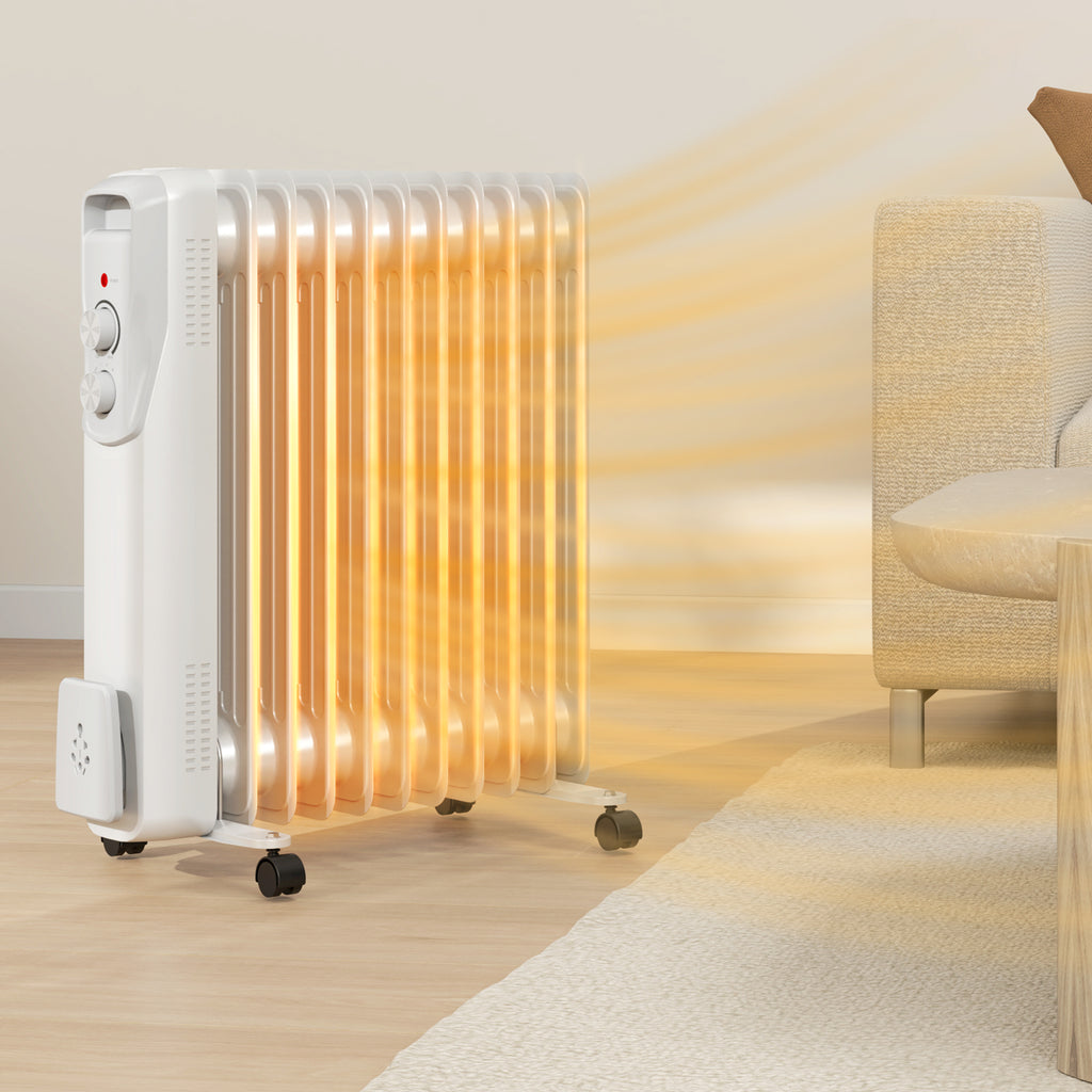 HOMCOM Ölradiator 2500W, leiser elektrischer Heizkörper, 3 einstellbare Wärmestufen, Rollen, weiß