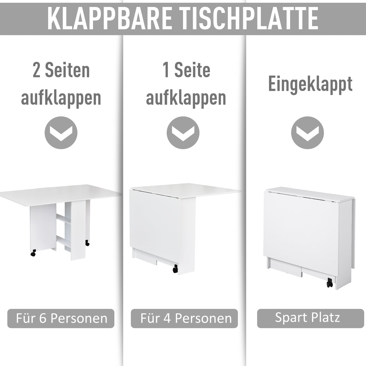 HOMCOM Esstisch, Klapptisch mit Rollen, Schreibtisch, Beistelltisch, Tisch mit Ablagefläche für Esszimmer, Holz, Weiß, 80 x 140 x 74 cm