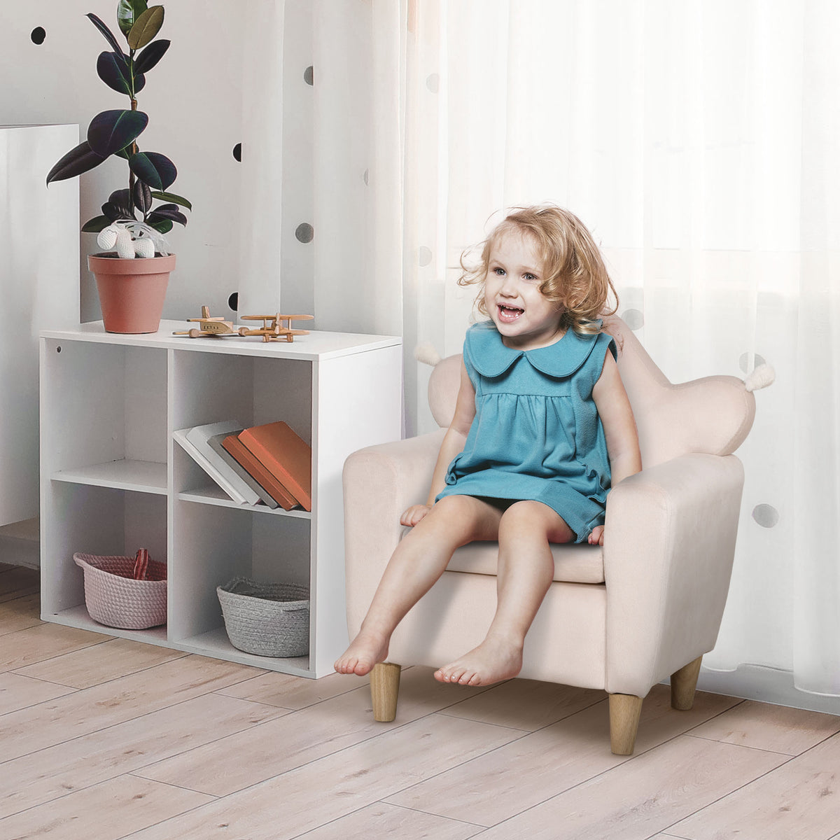 HOMCOM Kindersessel für Kinder 3-5 Jahre, weicher Stoffbezug, Rahmen aus Eukalyptusholz, 50 x 42 x 58cm, hellrosa