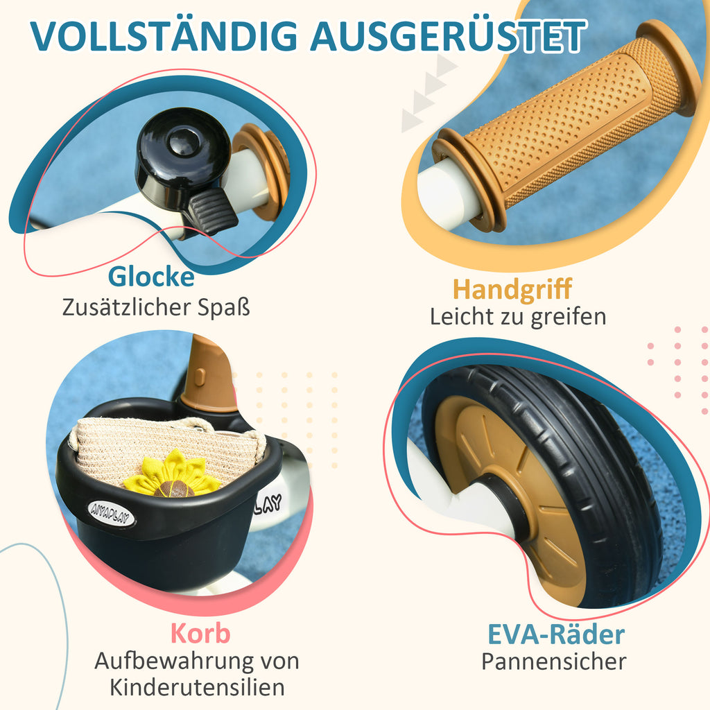 AIYAPLAY Dreirad für Kinder 2-5 Jahre, höhenverstellbarer Sitz, Klingel, Fahrradkorb, Metallrahmen, Weiß