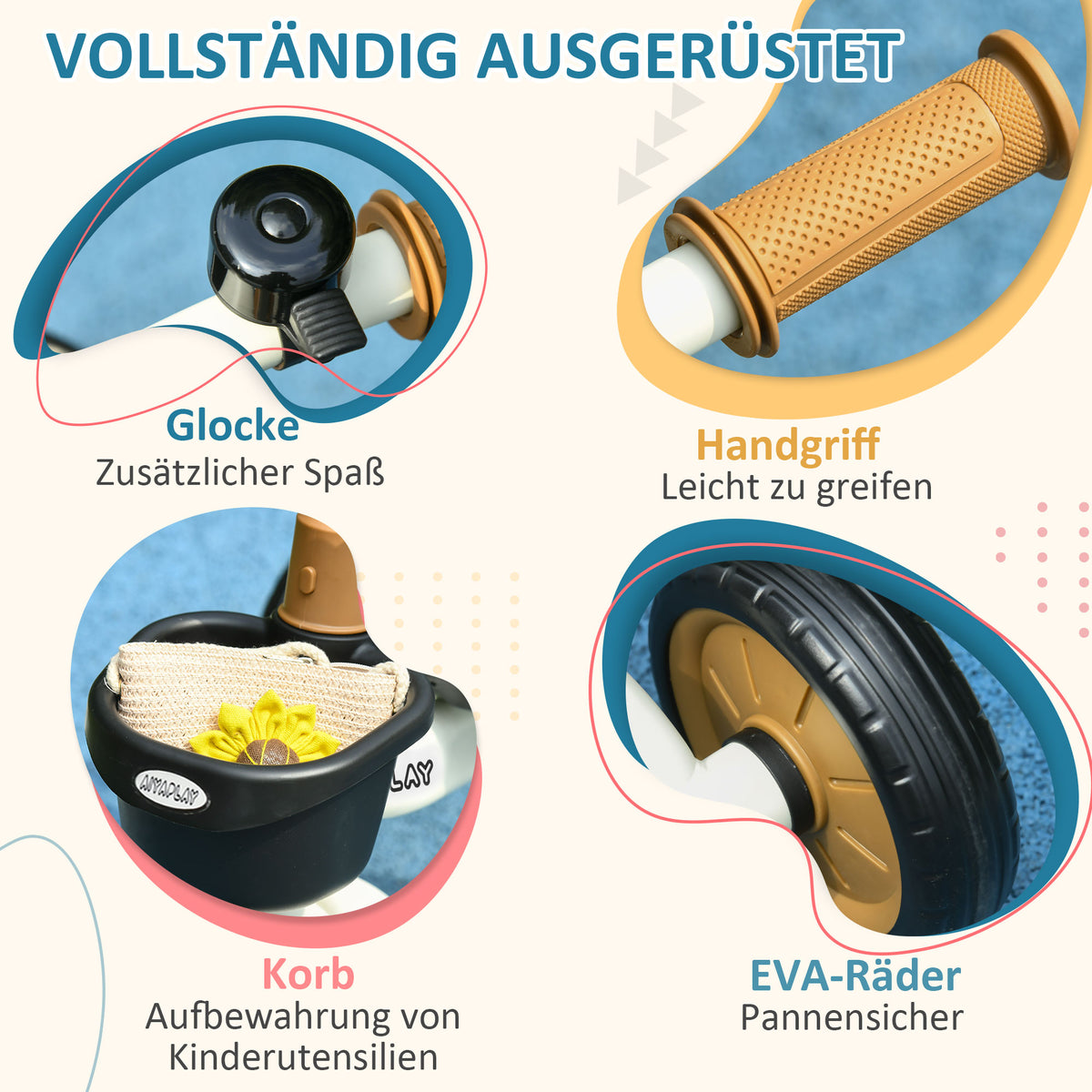 AIYAPLAY Dreirad für Kinder 2-5 Jahre, höhenverstellbarer Sitz, Klingel, Fahrradkorb, Metallrahmen, Weiß