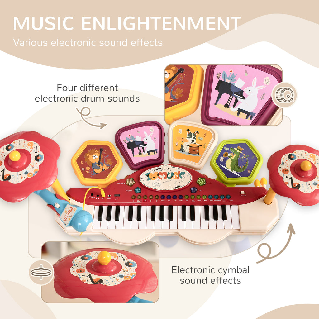 AIYAPLAY Musikensemble 2-in-1 für Kinder Klavier und elektronisches Schlagzeug mit Mikrofon und Hocker