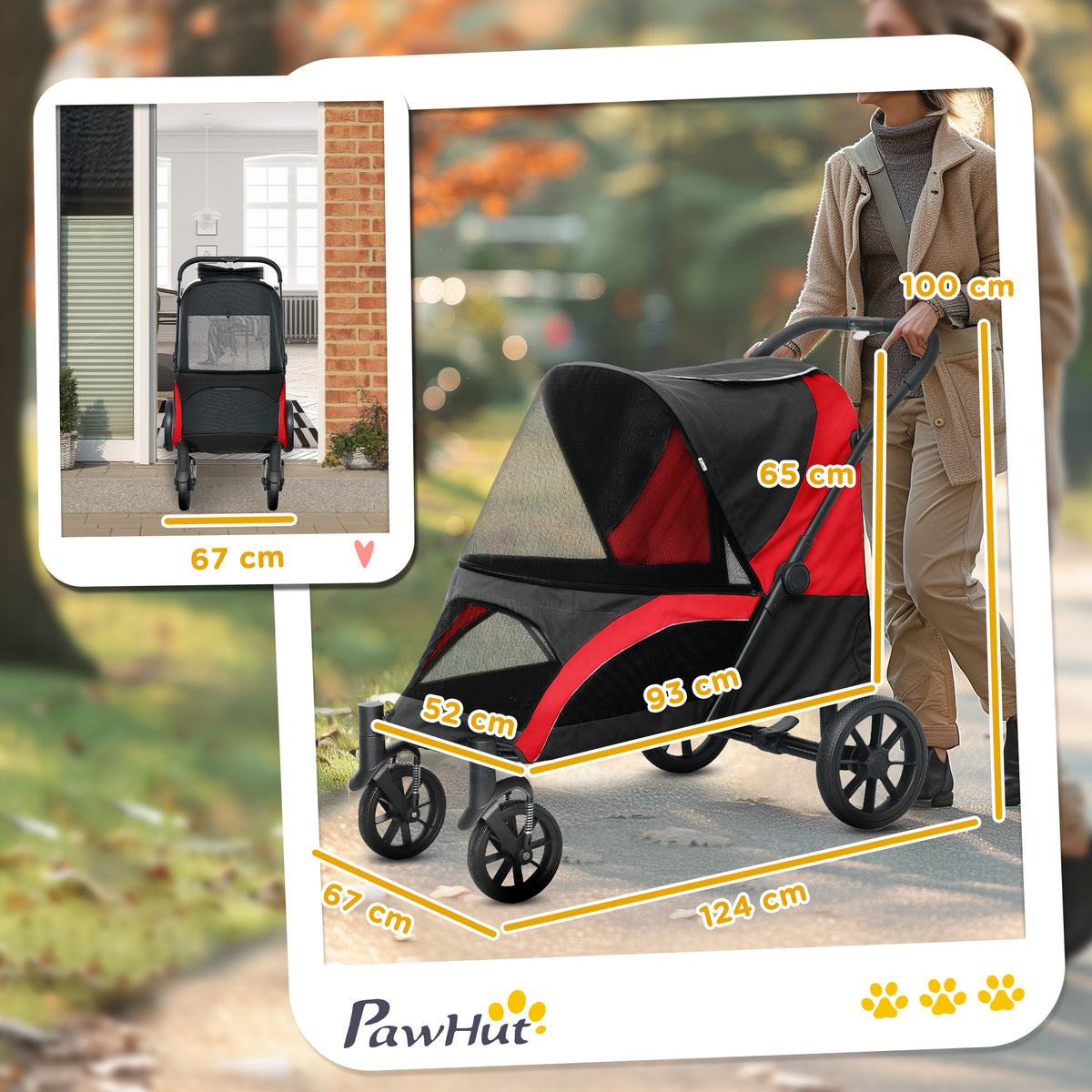 PawHut Hundewagen, Faltbarer Hundebuggy für große Hunde, Haustierwagen mit 4 Rädern, Sicherheitsleinen, Bremsen, Schwarz