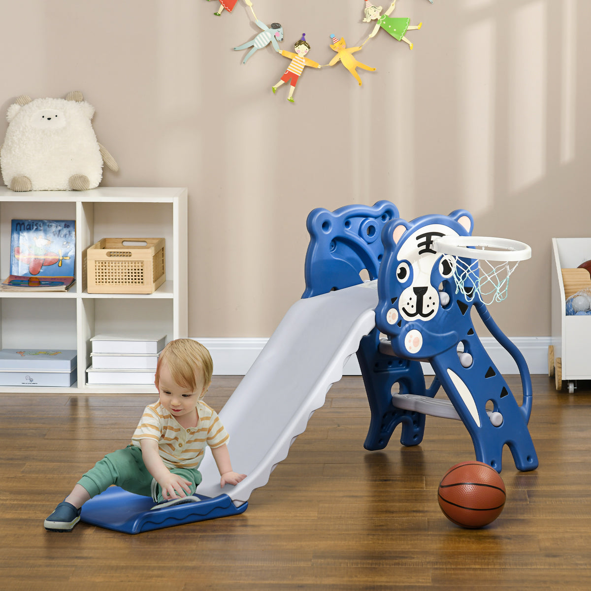 AIYAPLAY Kinder Rutsche, Innen Kinder Rutsche, mit Basketballkorb, Tiger Motiv, von 18 bis 36 Monaten, Blau