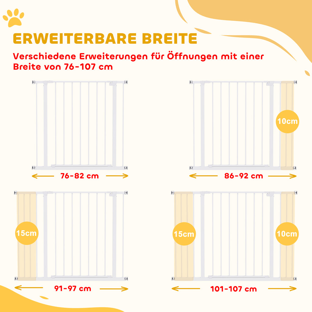 PawHut Türschutzgitter, Treppenschutzgitter ohne bohren, Hunde Absperrgitter, Schutzgitter für Haustier, Hundegitter, Klemmbefestigung, Metall, Weiß, 76-107 x 76 cm