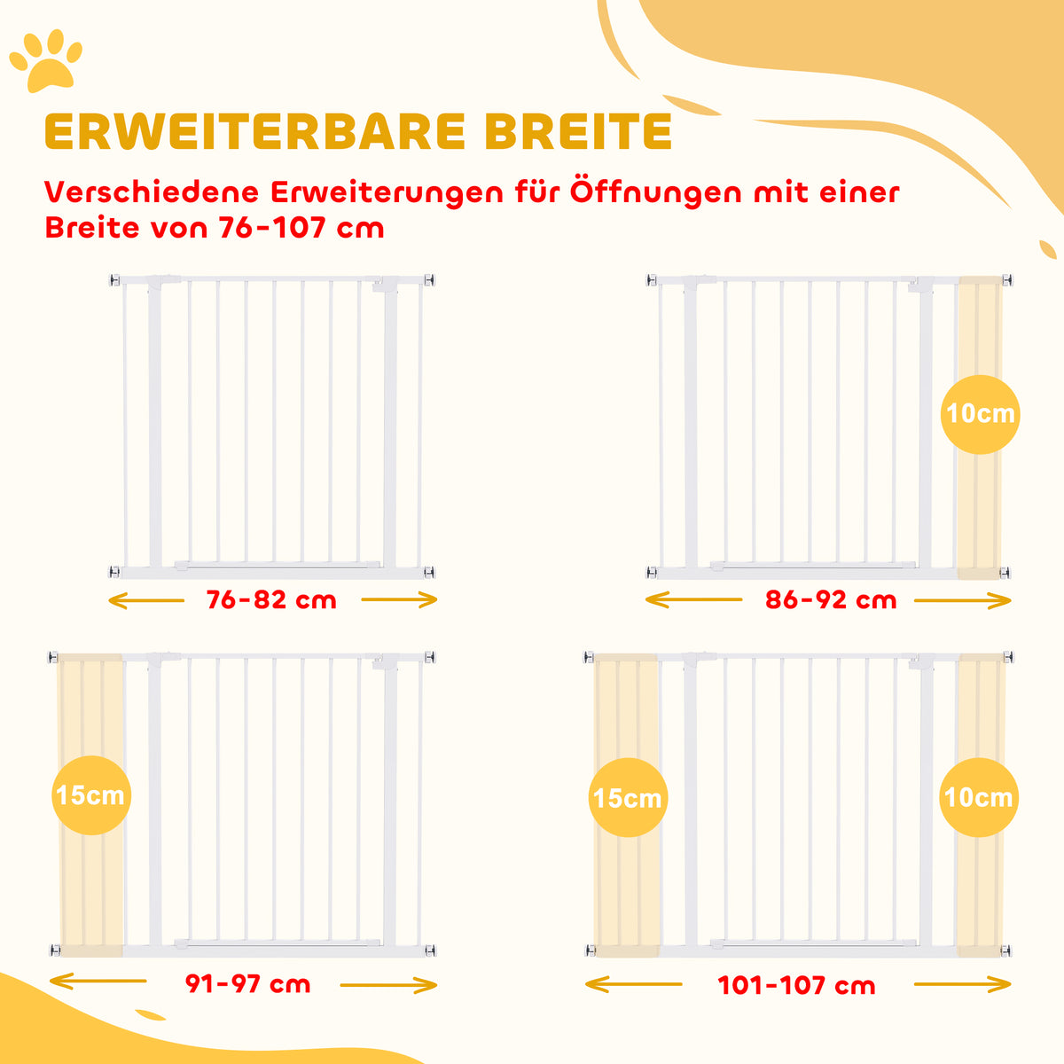 PawHut Türschutzgitter, Treppenschutzgitter ohne bohren, Hunde Absperrgitter, Schutzgitter für Haustier, Hundegitter, Klemmbefestigung, Metall, Weiß, 76-107 x 76 cm
