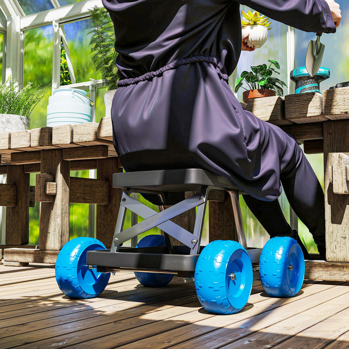 Outsunny Gartenhocker auf Rollen Gartenarbeitstool-Tablett zum Jäten Pflanzen 50 x 49 x 32 cm blau