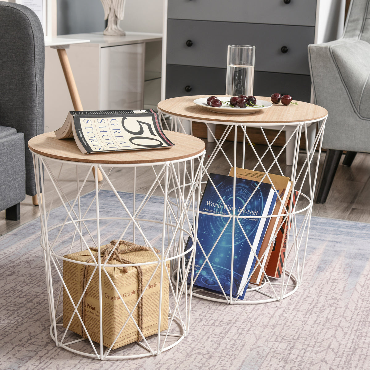 HOMCOM Couchtisch Rund 2er Set stapelbar Wohnzimmertisch Beistelltisch mit abnehmbaren Deckel Satztisch Kaffeetisch mit Metallgestell für Wohnzimmer Natur+Weiß