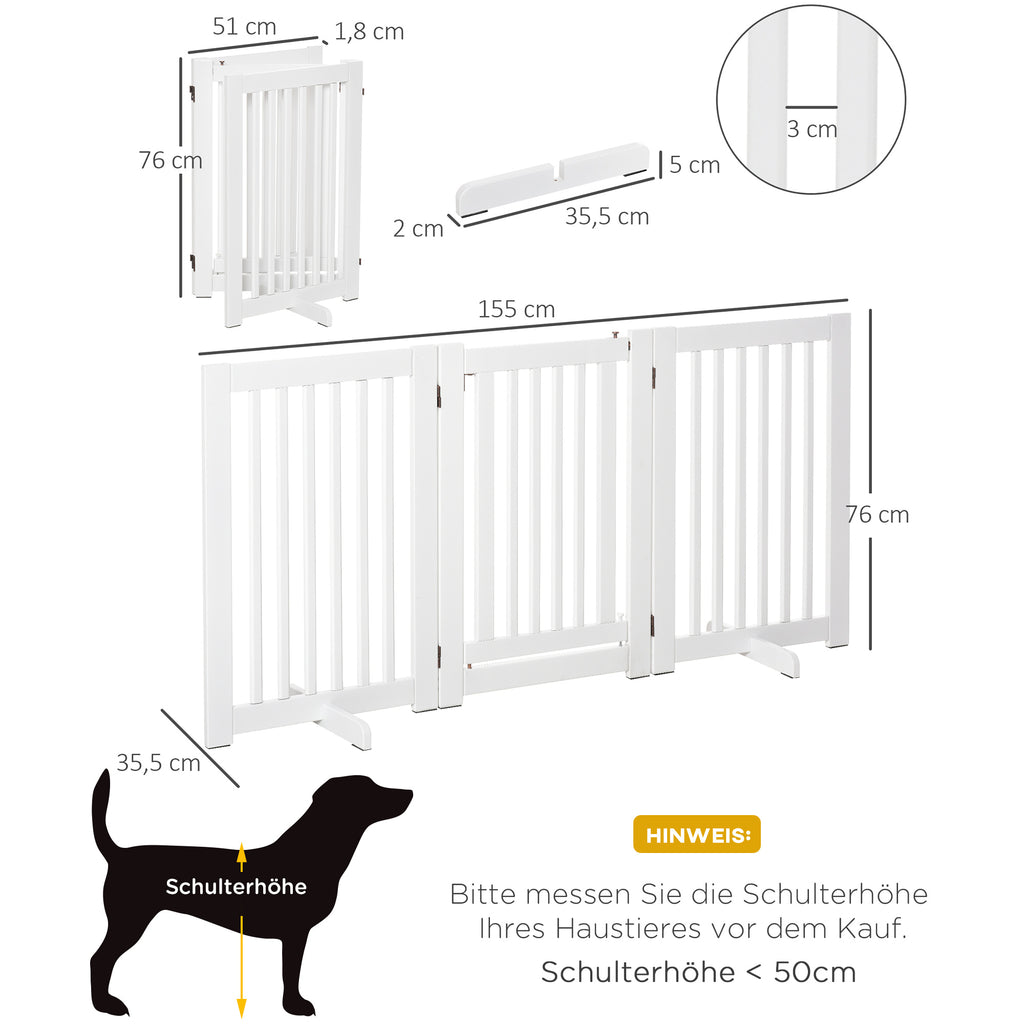 PawHut Absperrgitter Holz Freistehendes Schutzgitter für Hunde Türschutzgitter Verstellbares Hundegitter Treppengitter mit Füßen klappbares Kamingitter für Ofen Weiß 155 x 1,5 x 76 cm