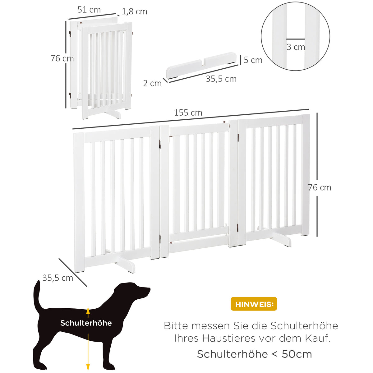 PawHut Absperrgitter Holz Freistehendes Schutzgitter für Hunde Türschutzgitter Verstellbares Hundegitter Treppengitter mit Füßen klappbares Kamingitter für Ofen Weiß 155 x 1,5 x 76 cm