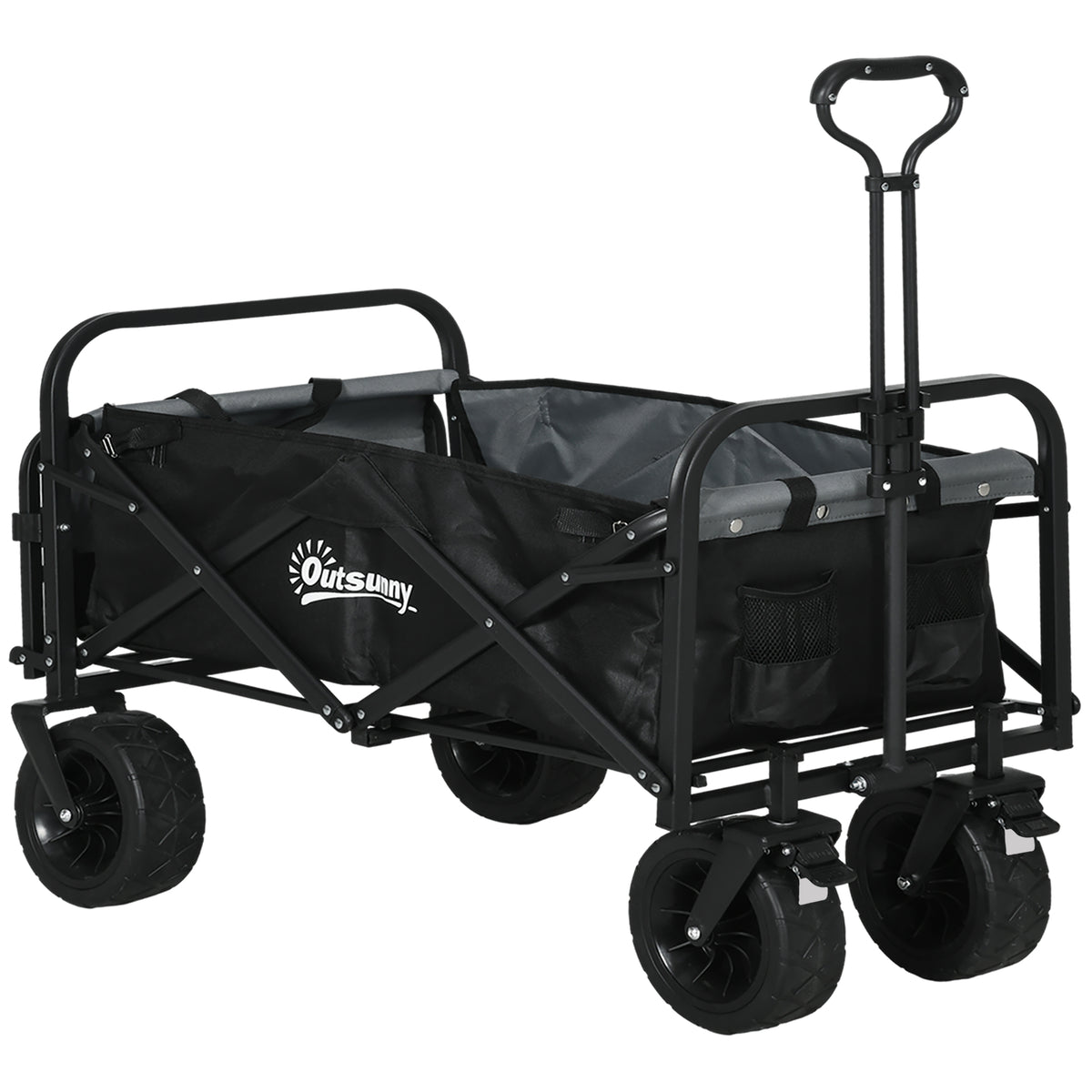 Outsunny Faltbarer Gartenwagen mit 4 Rädern und höhenverstellbarem Teleskopgriff, einstellbarer Neigung, öffnbare Hintertür, Schwarz