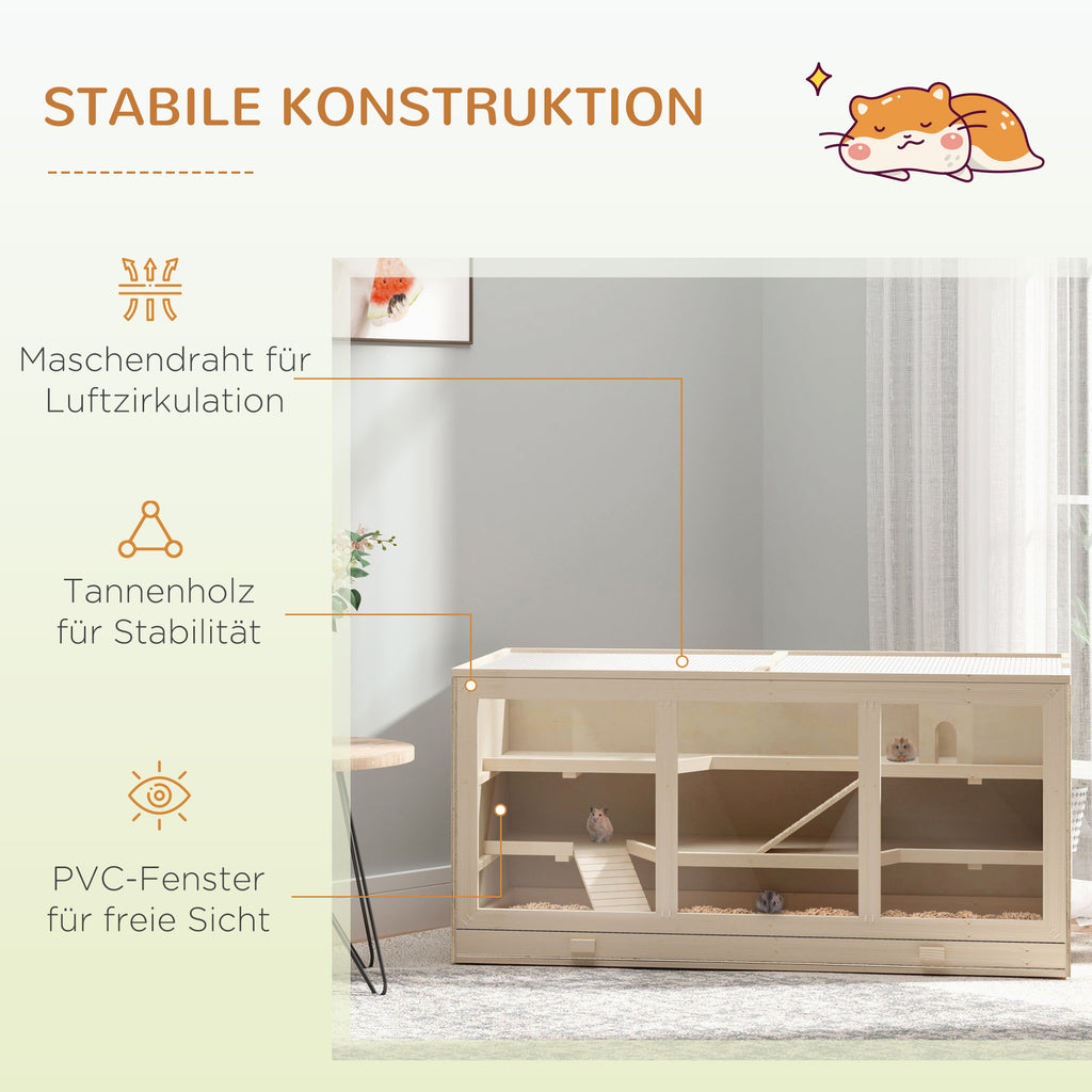 PawHut Hamsterkäfig aus Holz 3 Etagen Nagerkäfig mit reinigbar Ablage Kleintierkäfig mit klappbarem Deckel Treppen Holzkäfig Käfig für Hamster Zwerghamster 115 x 57 x 55 cm Naturholz