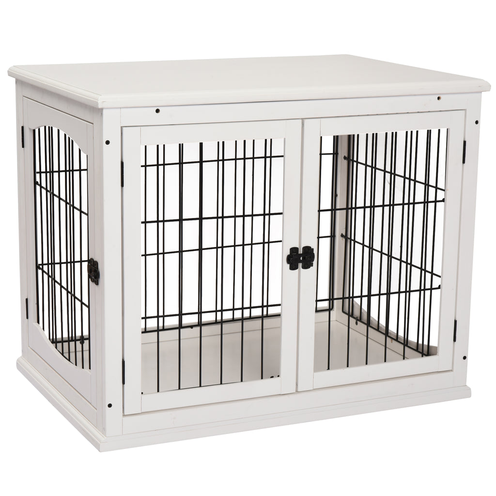 PawHut Transportbox für Hunde 58,5 cm x 81 cm x 66 cm Türen, MDF-Holz Eisen, 58, 5 cm x 81 cm x 66 cm, Weiß