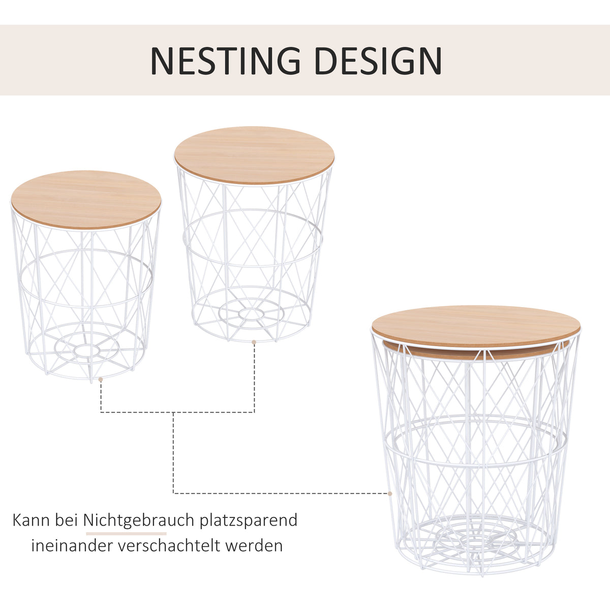 HOMCOM Couchtisch Rund 2er Set stapelbar Wohnzimmertisch Beistelltisch mit abnehmbaren Deckel Satztisch Kaffeetisch mit Metallgestell für Wohnzimmer Natur+Weiß
