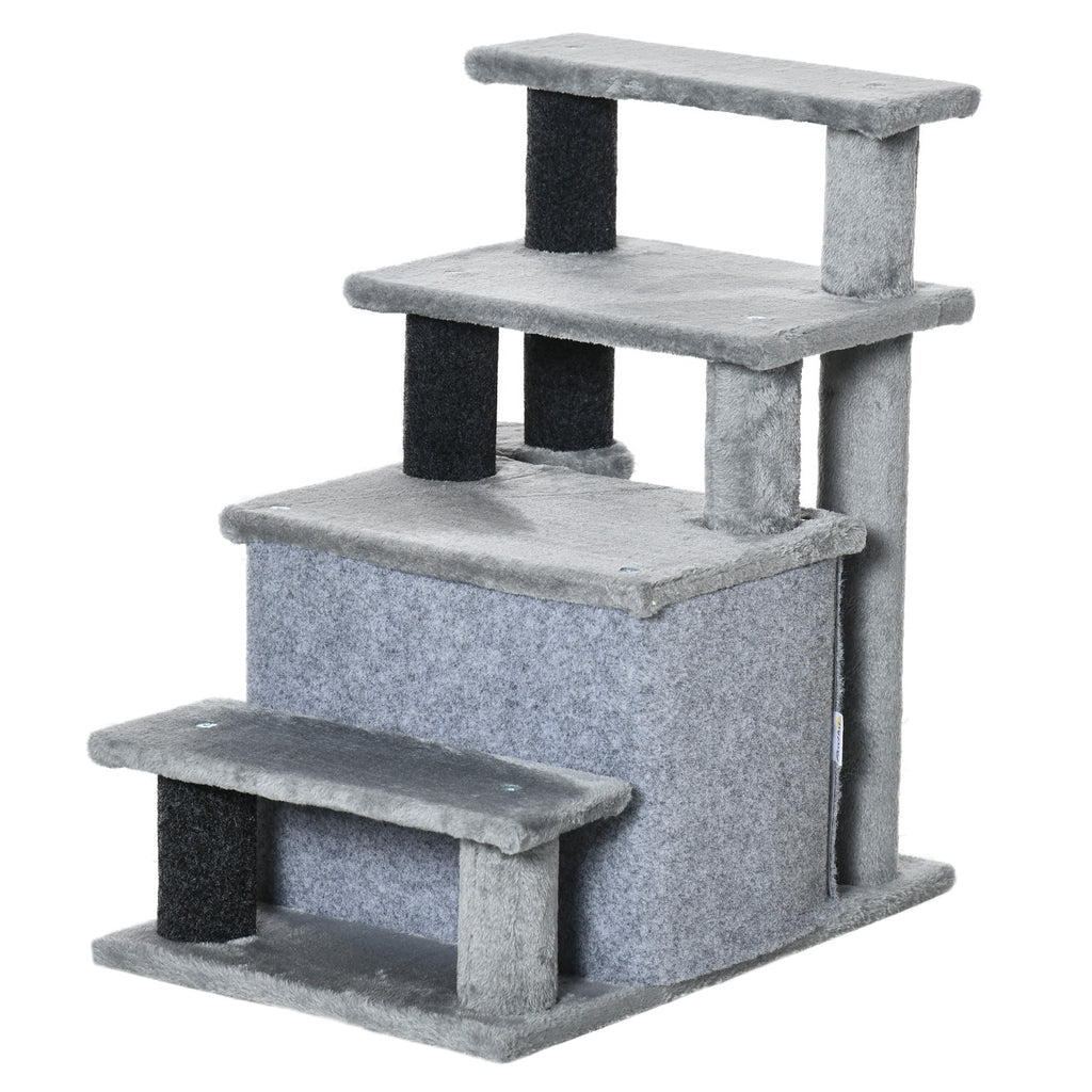 PawHut Kratzbaum, Tiertreppe, 4 Stufen, Spielball, Häuschen, höhenverstellbar, schwarz+grau, 60 x 40 x 66 cm