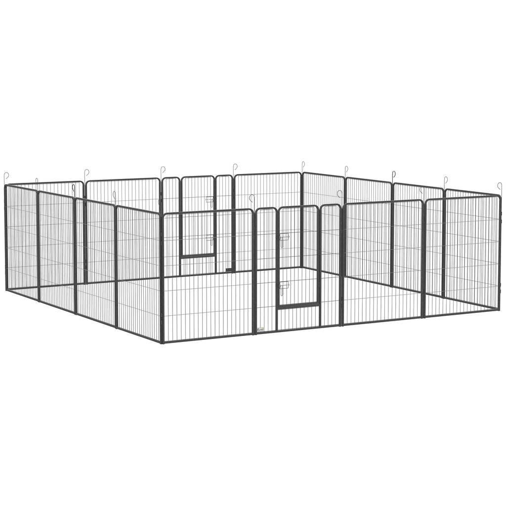 PawHut Welpenauslauf, modulares Design, 16 Elemente, 2 Türen, wetterfest, Stahl, 3,2 x 3,2 x 1 m, grau