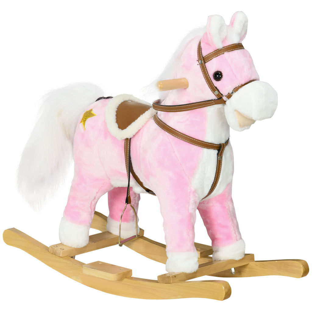 HOMCOM Schaukelpferd, Sattel mit Steigbügeln, Soundeffekte, Musik, Plüschkörper, Metallrahmen, bis 30 kg, pink
