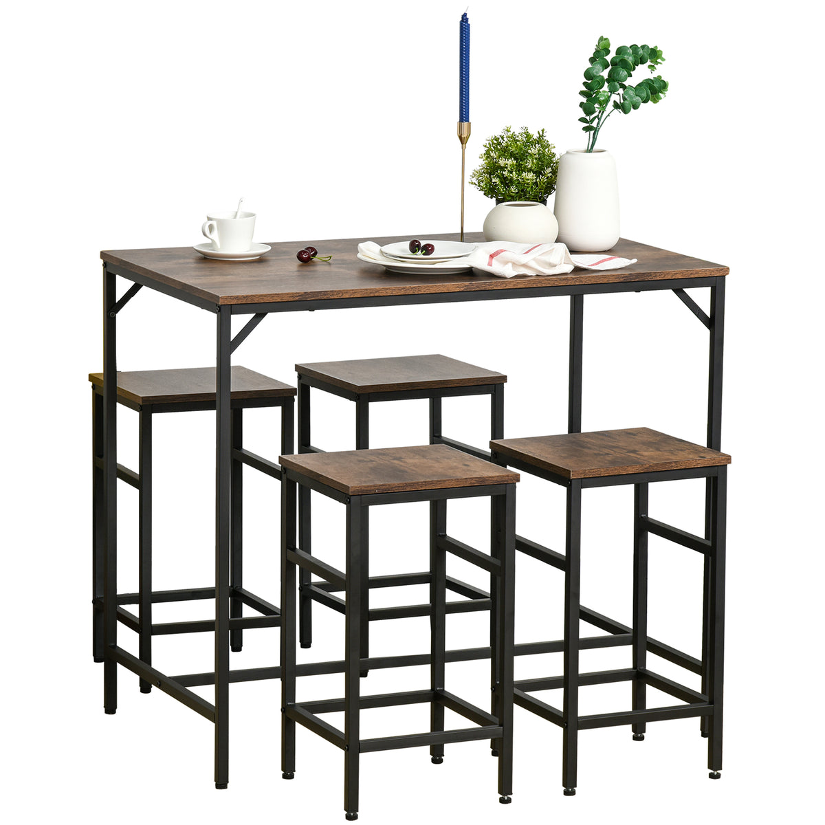 HOMCOM 5-teiliges Bartisch Set Bartisch mit Barhocker-Set Esstisch mit 4 Stühlen Küchentisch für Esszimmer, Küche, Rustikal-Braun+Schwarz