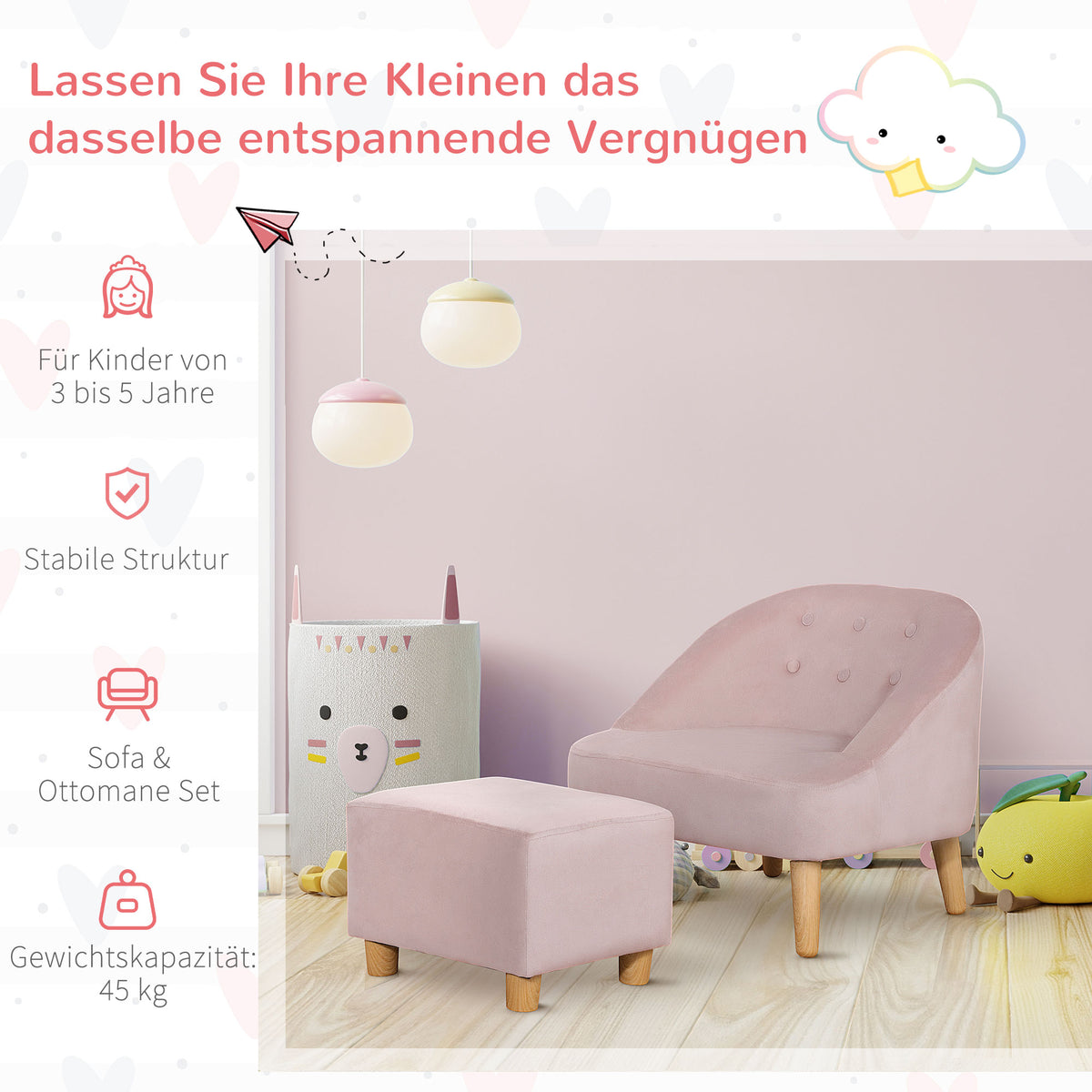 HOMCOM Kindersessel mit Ottomane für Kinder von 3 bis 5 Jahren Niedliches Design Samtoptik 51 cm x 51 cm x 50 cm Rosa