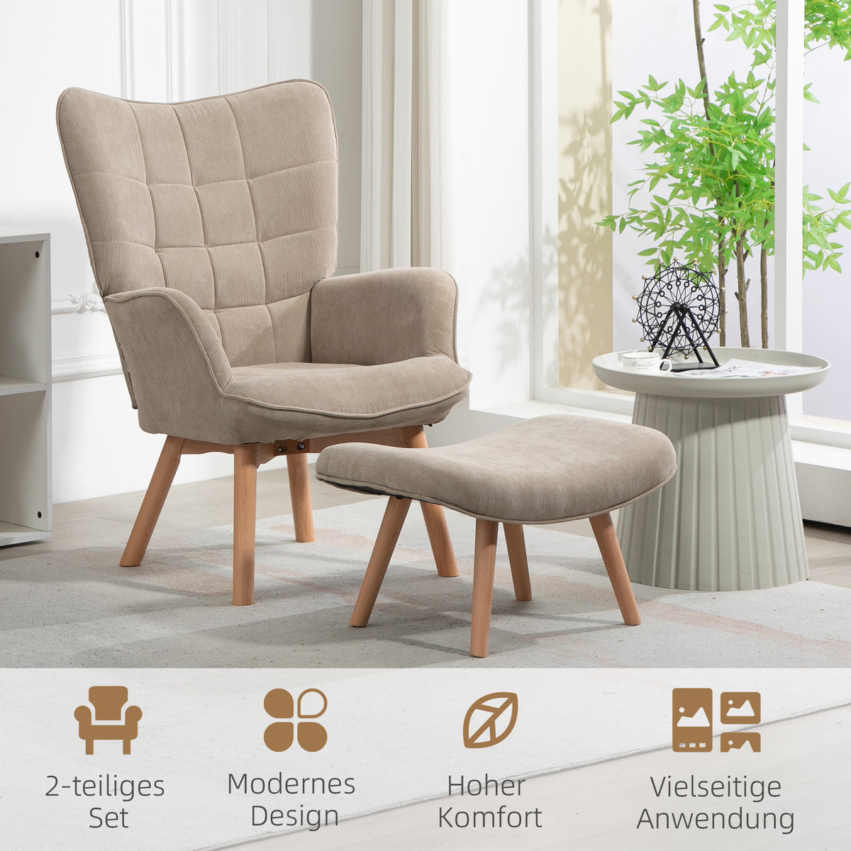HOMCOM Akzentsessel mit Hocker, Relaxsessel in Cord-Optik, Armlehnstuhl mit Holzbeinen, für Wohnzimmer, Hellbraun