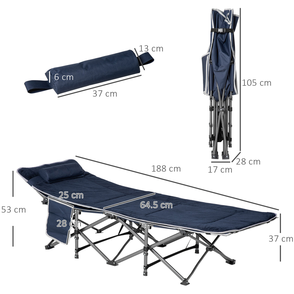 Outsunny Campingbett, klappbares Feldbett mit Kopfkissen, 188 x 64,5 x 53 cm, Dunkelblau