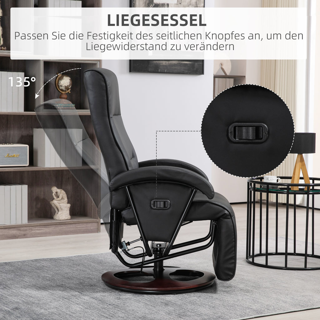 HOMCOM Drehbarer Polsterstuhl, Kunstleder, Fußstütze, Holzbasis, neigbar, Schwarz