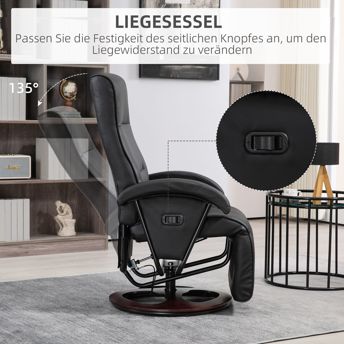 HOMCOM Drehbarer Polsterstuhl, Kunstleder, Fußstütze, Holzbasis, neigbar, Schwarz