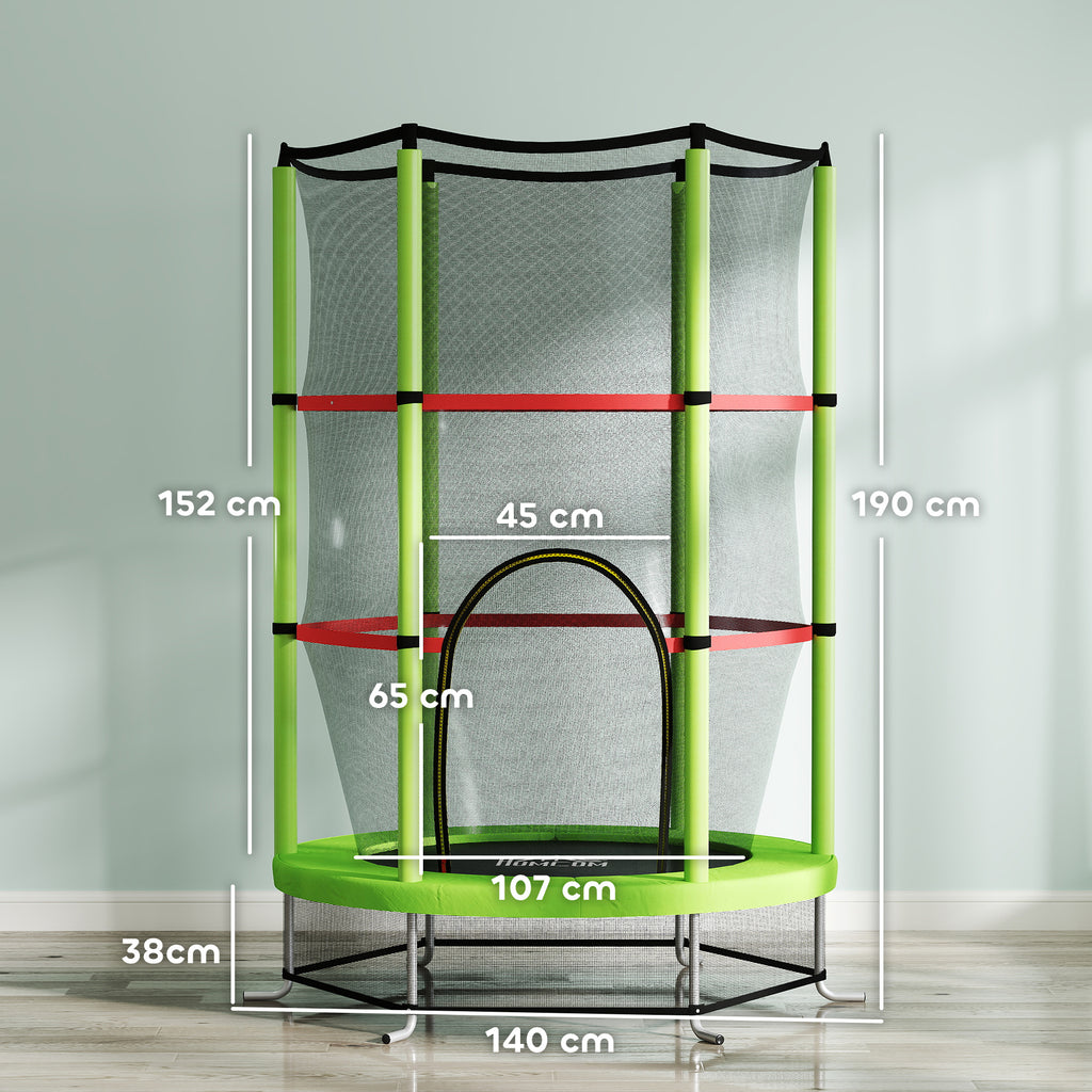 HOMCOM Kindertrampolin Sicherheitsnetz Reißverschlusstür 6 gepolsterte Stangen maximale Belastung 45 kg Ø 1,40 x 1,90H m Grün