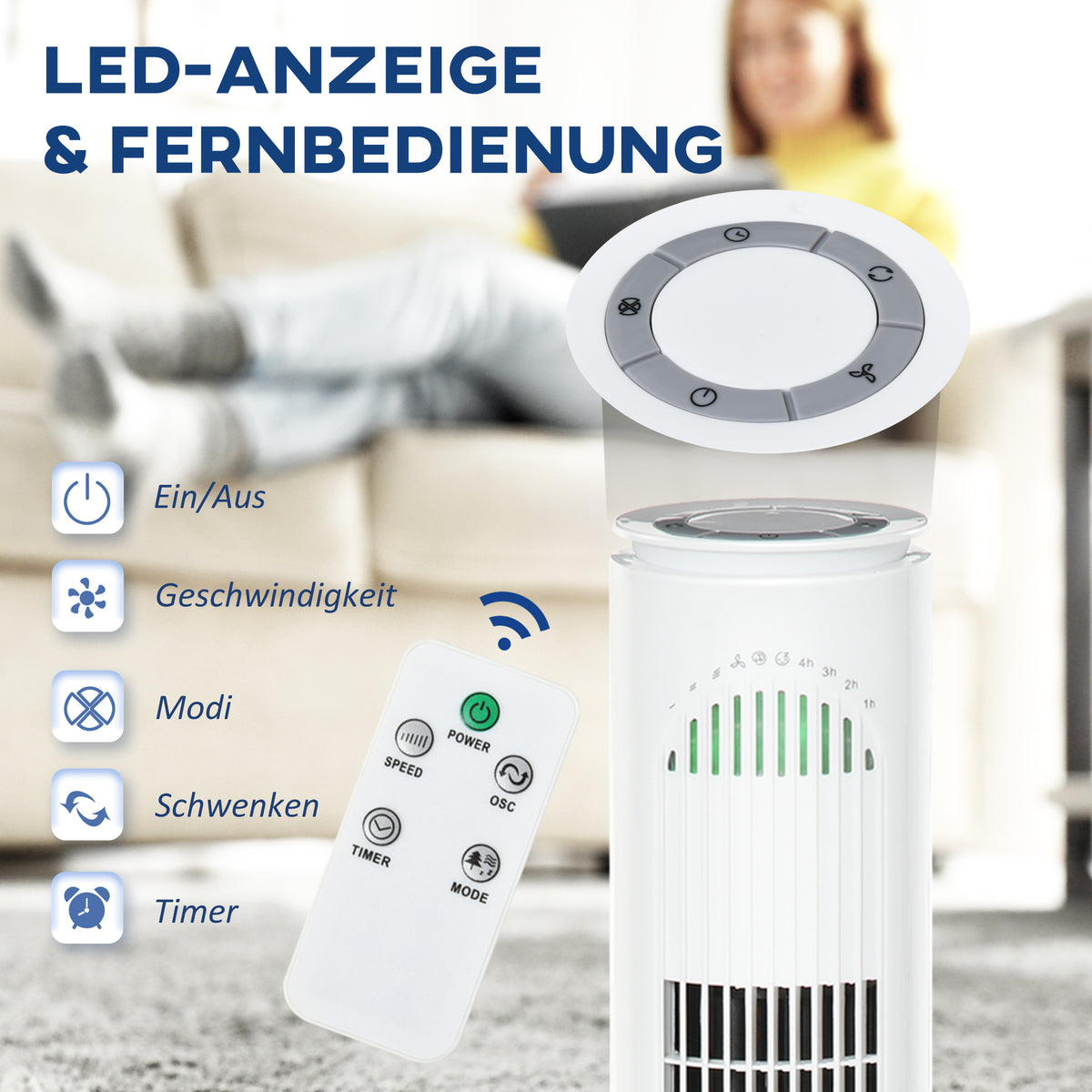 HOMCOM Turmventilator, Standventilator mit 3 Belüftungsstufen, Fernbedienung, 45W Ventilator mit 10H Timer, LCD-Anzeige, 70° Oszillation, für Schlafzimmer, Weiß