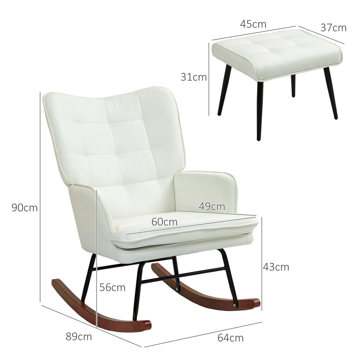 HOMCOM Schaukelstuhl mit Hocker, sanftes Schaukelsystem, Leinenimitat, 64 x 89 x 90 cm, Cremeweiß