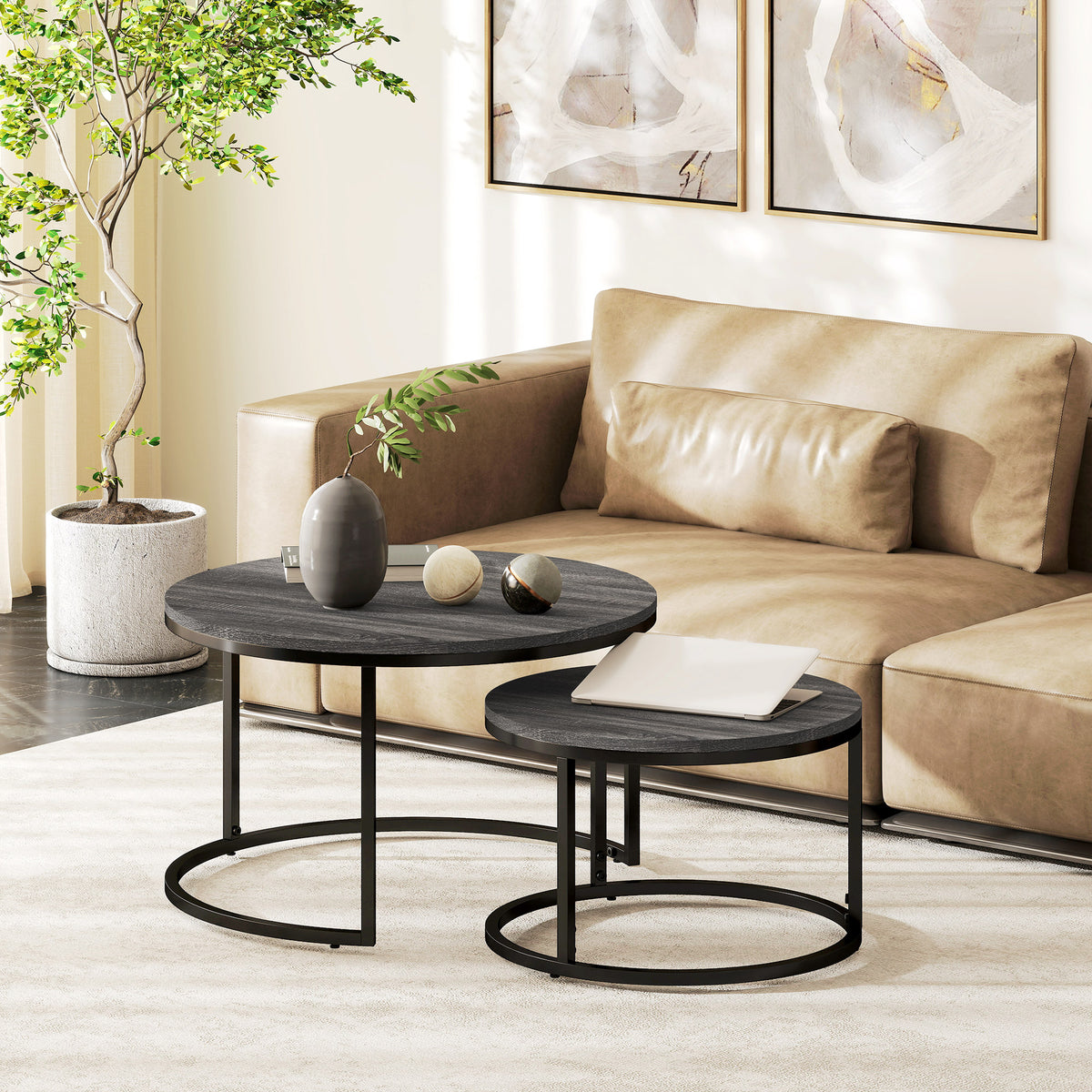 HOMCOM Couchtisch 2er-Set, Beistelltisch mit Metallgestell, Sofatisch, stapelbar, Kaffeetisch, Wohnzimmer, Schlafzimmer, Schwarz