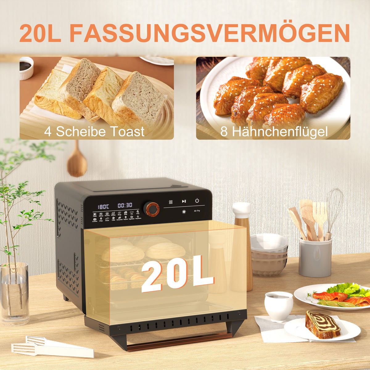 HOMCOM Minibackofen, 20 L, Mini-Ofen, 40-220°C, 17 Modi, Timer, 36 x 37 x 34,5 cm, Schwarz