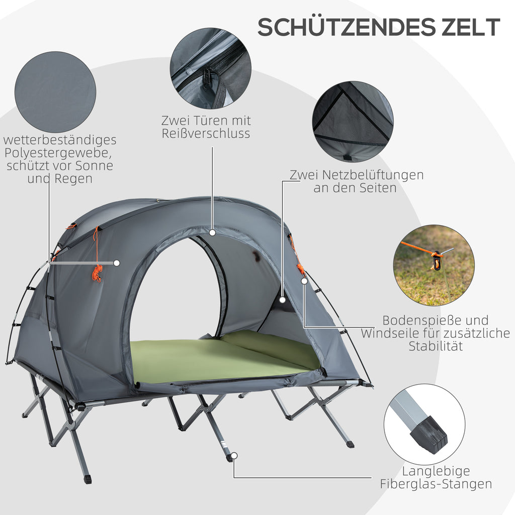 Outsunny Campingbett mit Zelt erhöhtes Feldbett für 2 Person Kuppelzelt mit Luftmatratze inkl. Tragetasche Grau 200 x 146 x 159 cm