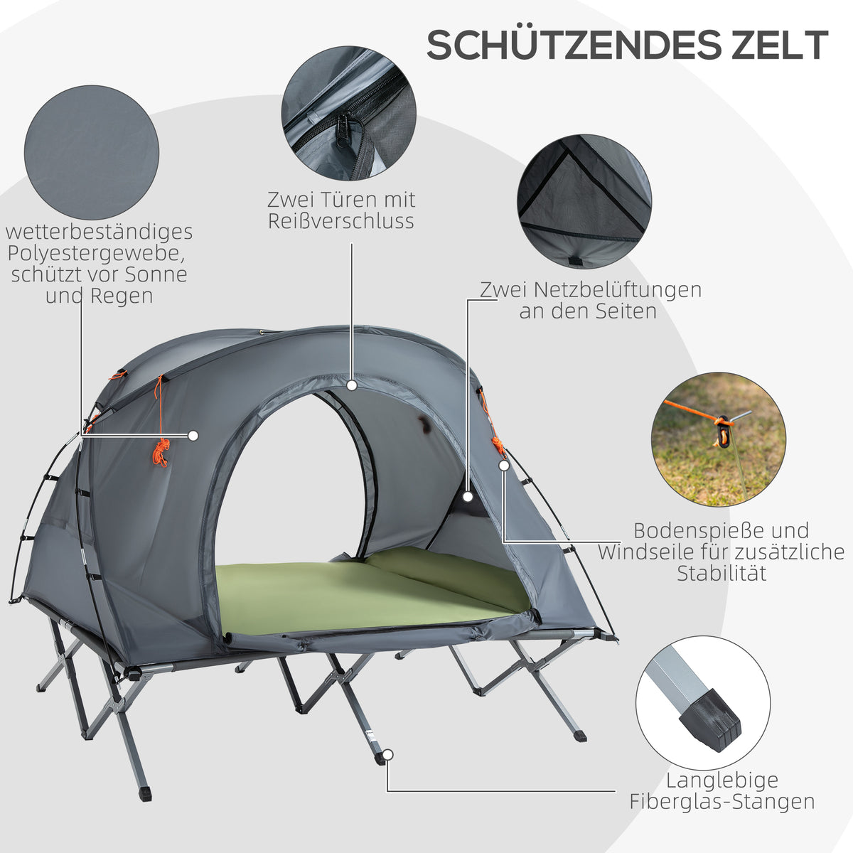 Outsunny Campingbett mit Zelt erhöhtes Feldbett für 2 Person Kuppelzelt mit Luftmatratze inkl. Tragetasche Grau 200 x 146 x 159 cm