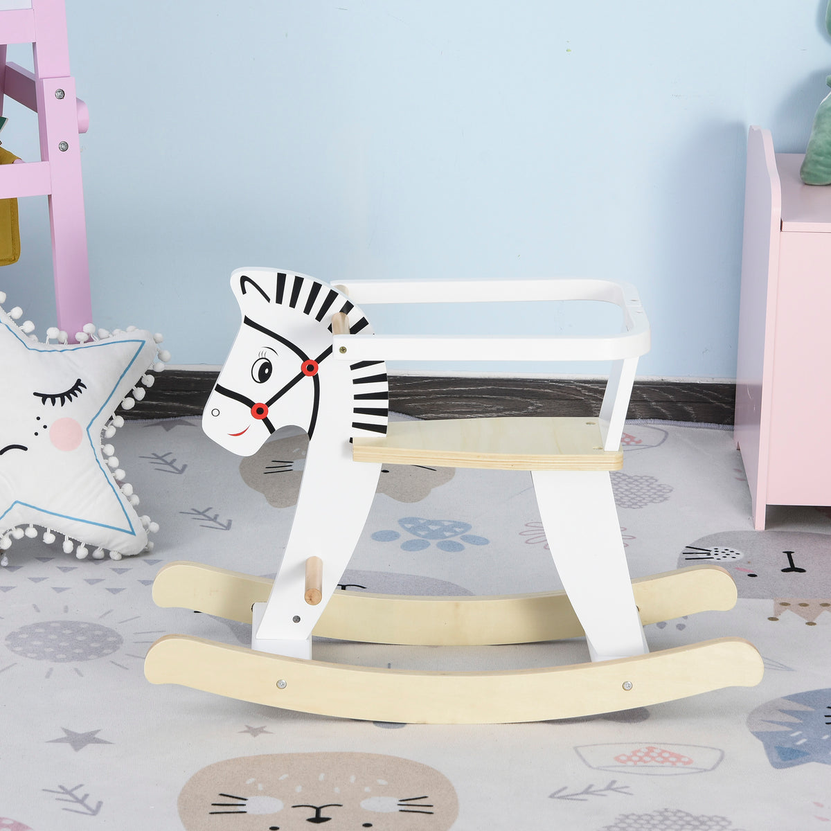 HOMCOM Kinder Schaukelpferd aus Holz Schaukeltier Schaukelspielzeug Pferd Kinderschaukel mit Haltegriffe für 1-3 Jahre Weiß  68 x 26,5 x 48 cm