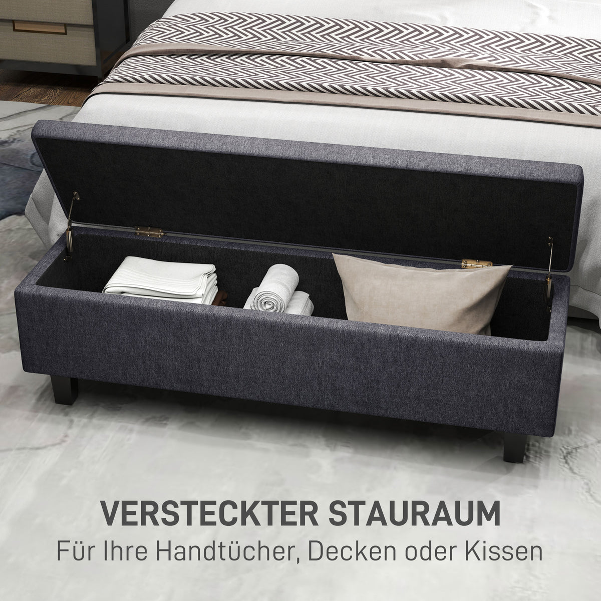 HOMCOM Stauraum-Polsterbank in Leinenoptik, mit Kautschukholzbeinen, für Wohnzimmer, Schlafzimmer, Flur, Dunkelgrau