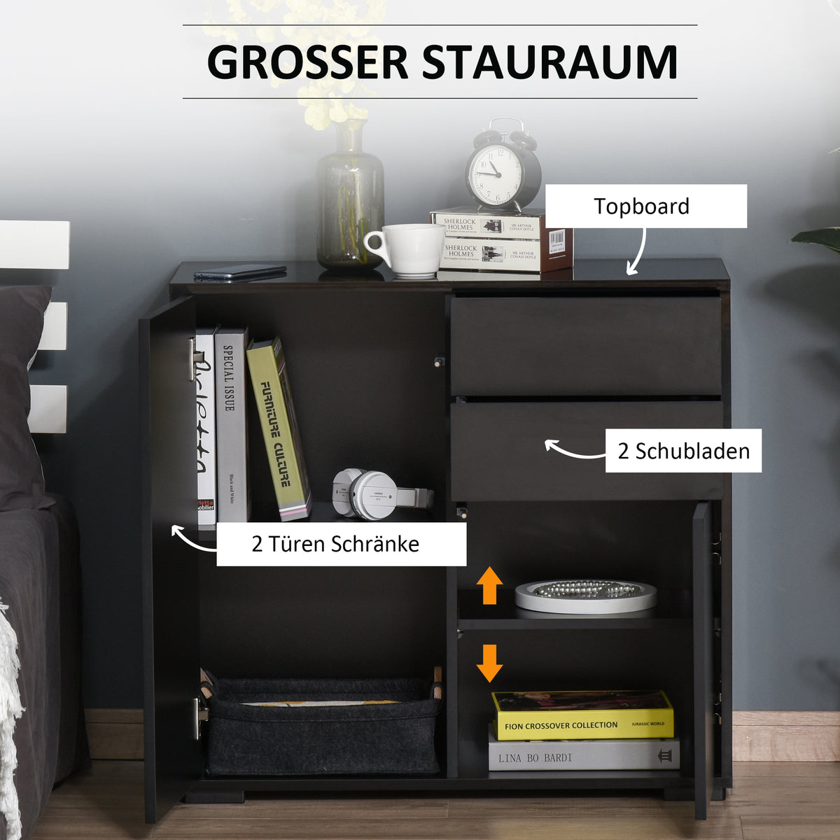 HOMCOM Aufbewahrungsschrank mit 2 Schubladen, 2 Türen, mit Kippschutz, für Wohnzimmer, Schlafzimmer, 79 x 36 x 74 cm, Schwarz
