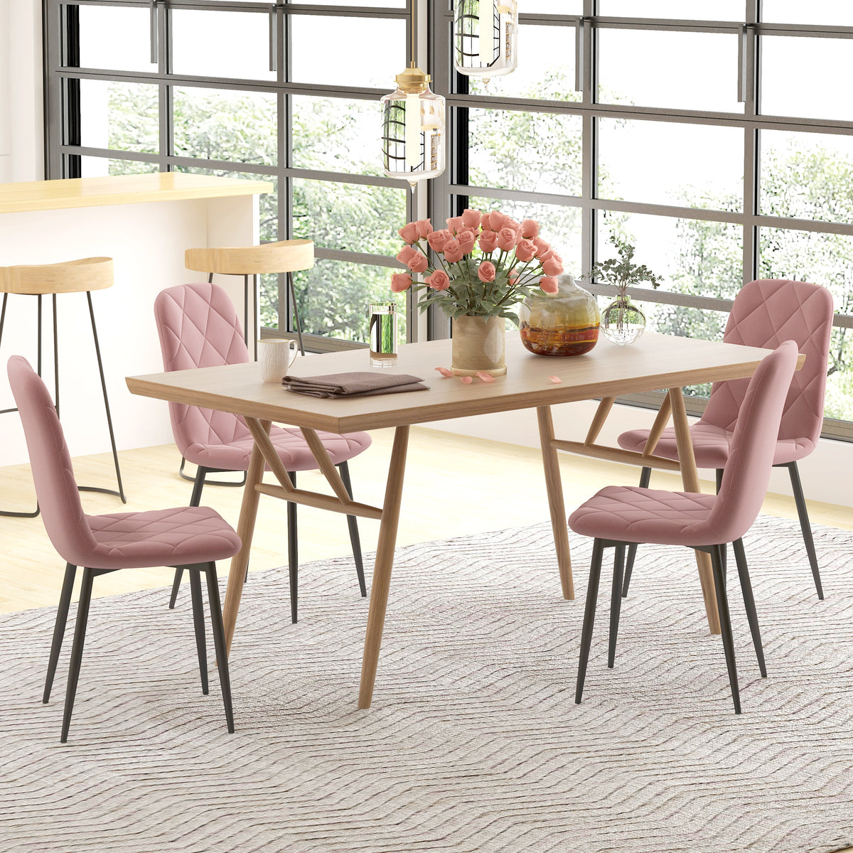 HOMCOM Esszimmerstühle 4er Set Küchenstuhl mit Rückenlehne, Samtoptik, Sessel 45 x 54 x 87 cm Rosa