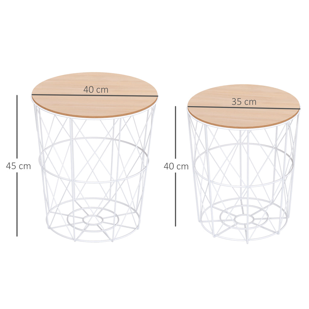 HOMCOM Couchtisch Rund 2er Set stapelbar Wohnzimmertisch Beistelltisch mit abnehmbaren Deckel Satztisch Kaffeetisch mit Metallgestell für Wohnzimmer Natur+Weiß