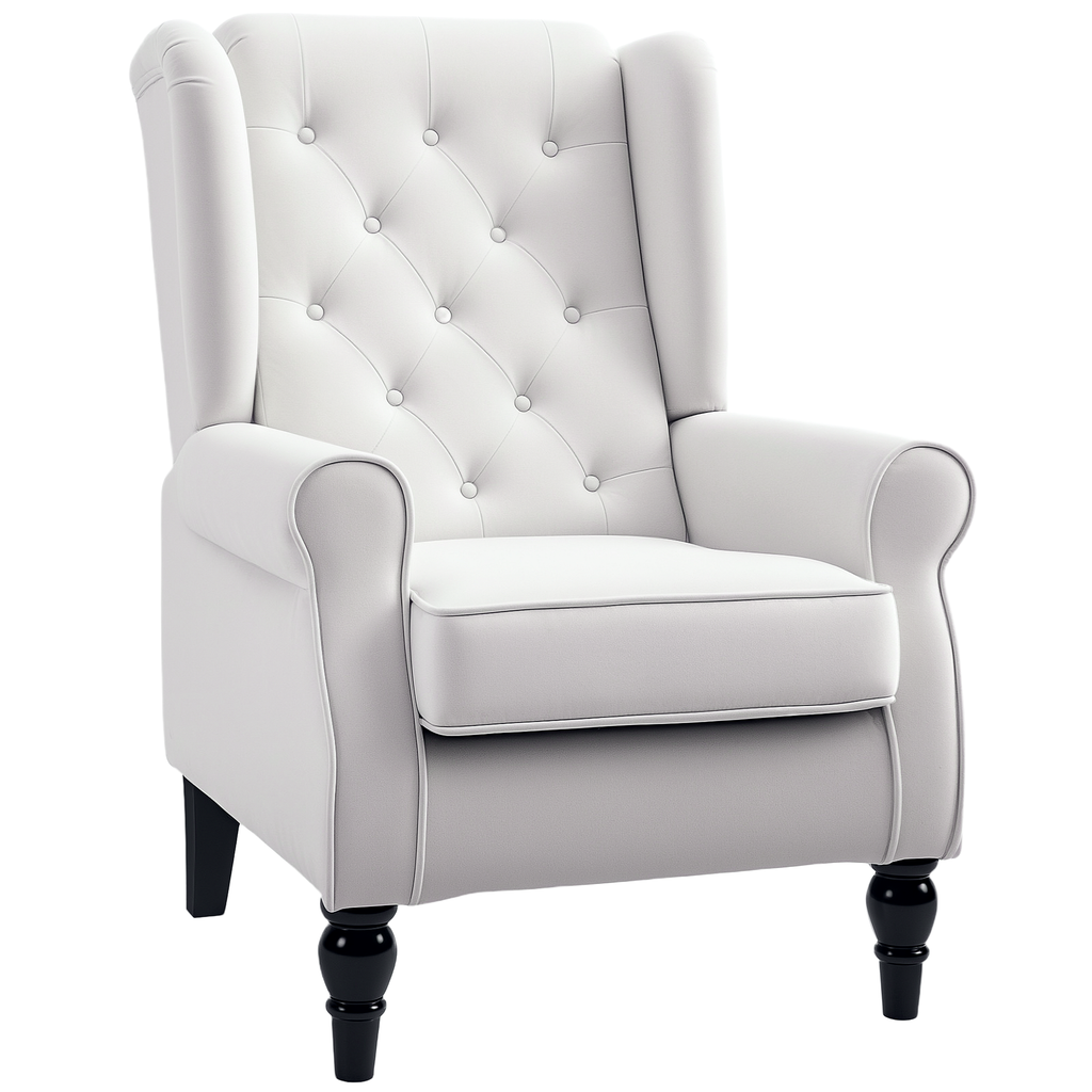 HOMCOM Ohrensessel Relaxsessel Sessel, Vintage-Design, Knopfheftung, gedrechselte Beine, 74 cm x 86 cm x 102 cm,  Cremeweiß