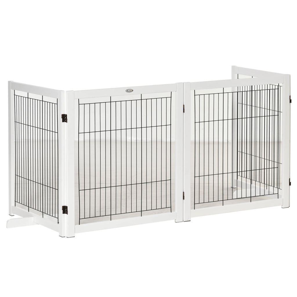 PawHut Türschutzgitter Holz Absperrgitter für Hunde Schutzgitter Hundegitter Sicherheitstür Bidirektionales Falten Stahl Weiß 305 x 35,5 x 82 cm