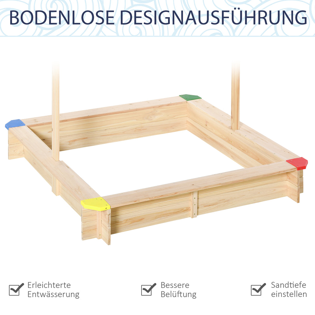 Outsunny Sandkasten mit Dach Sandkiste Kindersandkasten Tannenholz Bodenloses Design felix mit absenkbarem und schwenkbarem Dach Kurbeldach 120 x 120 x 120 cm Natur