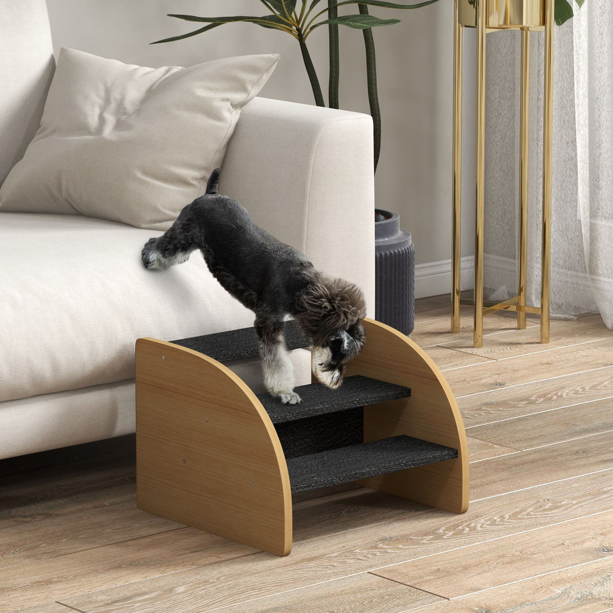 PawHut Haustiertreppe Hundetreppe, 3 Stufen, kleiner Hund, 38,5 cm x 38,5 cm x 30 cm, Eiche + Schwarz