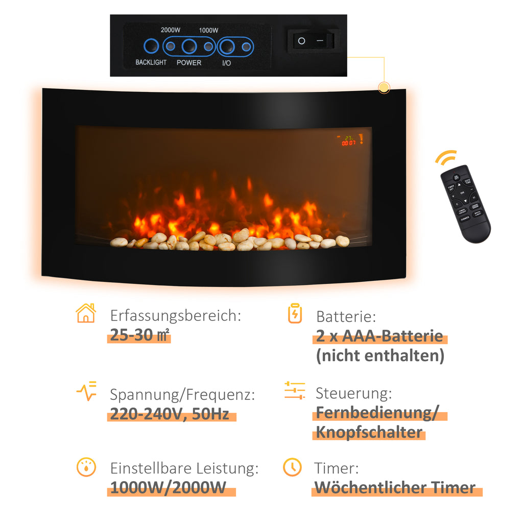 HOMCOM Elektrokamin mit Heizung, Wandkamin mit LED Flammeneffekt, 7 Flammenfarben, 1000/2000 W, elektrischer Kamin mit Timer, Einstellbarer Thermostat, Dekokamin mit Fernbedienung, Schwarz, 89,2 cm