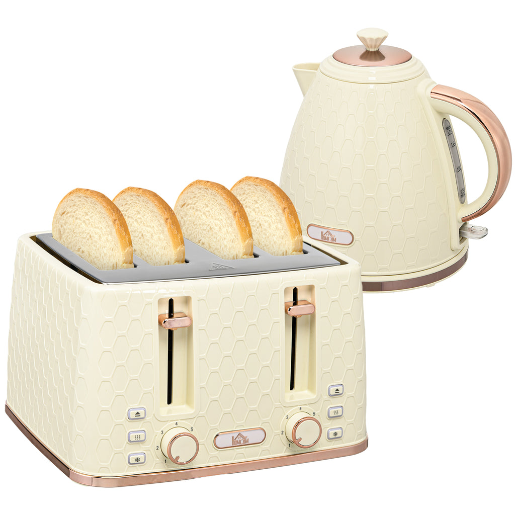 HOMCOM 2-in-1 Küchenset, Toaster und Wasserkocher, mehrere Optionen, 1,7 L, 4 Toastscheiben gleichzeitig, Kunststoff, Beige