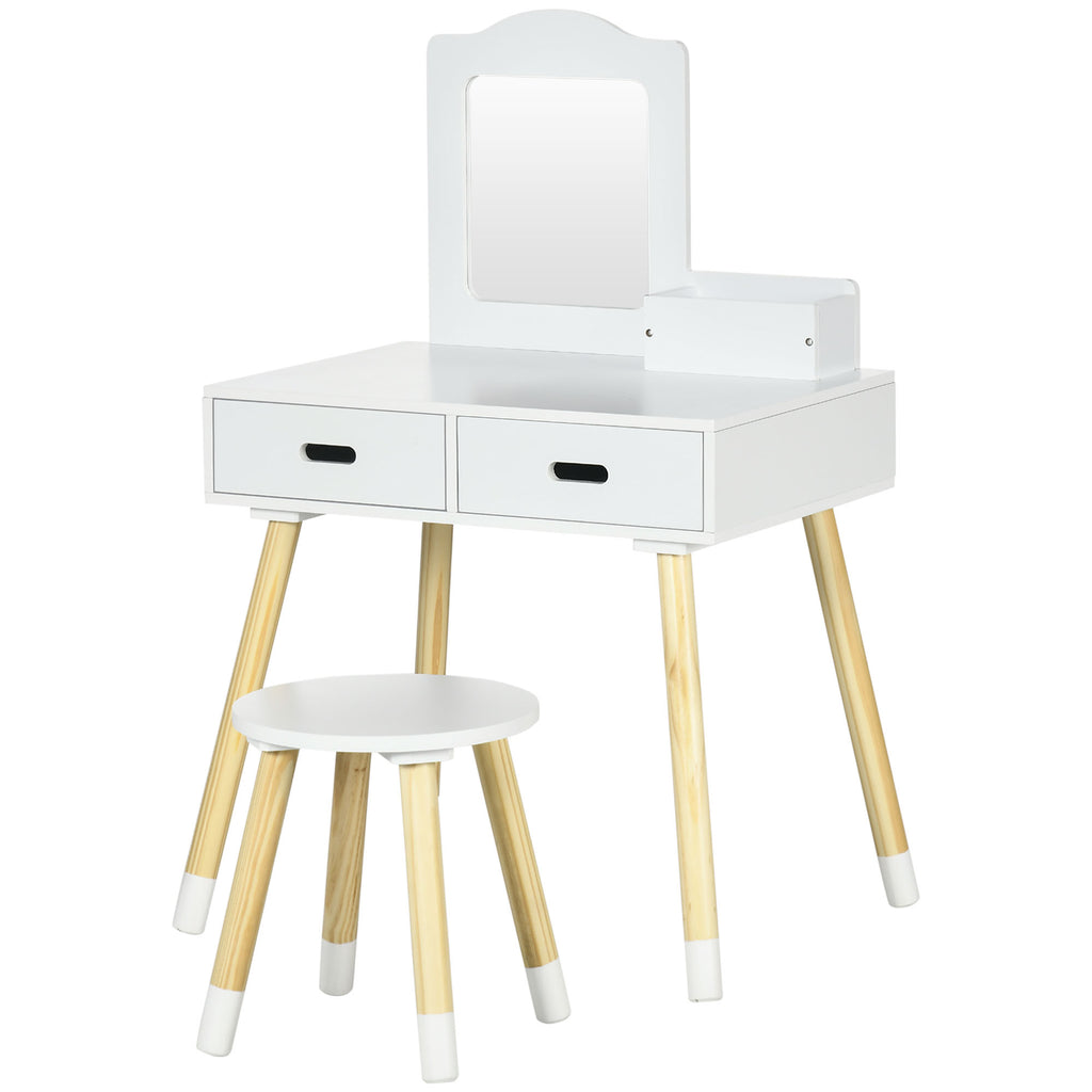 ZONEKIZ Kinder-Friseuse Schminktisch mit Hocker Spiegel und 2 Schubladen 3 bis 6 Jahre 60 x 40 x 95 cm Weiß und Holz