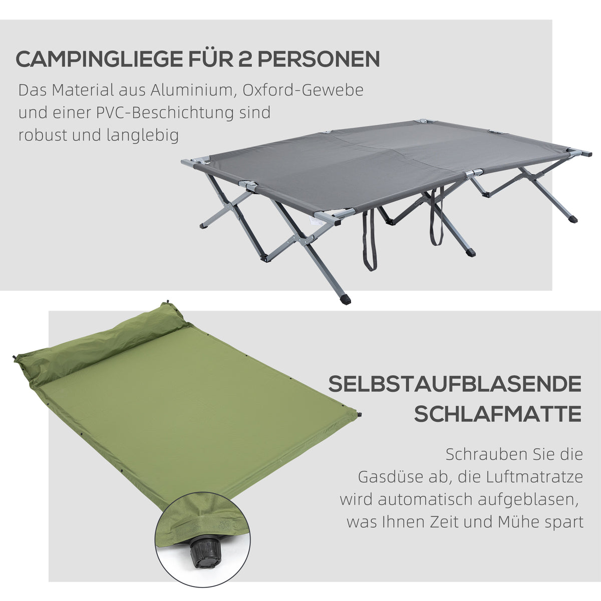 Outsunny Campingbett mit Zelt erhöhtes Feldbett für 2 Person Kuppelzelt mit Luftmatratze inkl. Tragetasche Grau 200 x 146 x 159 cm