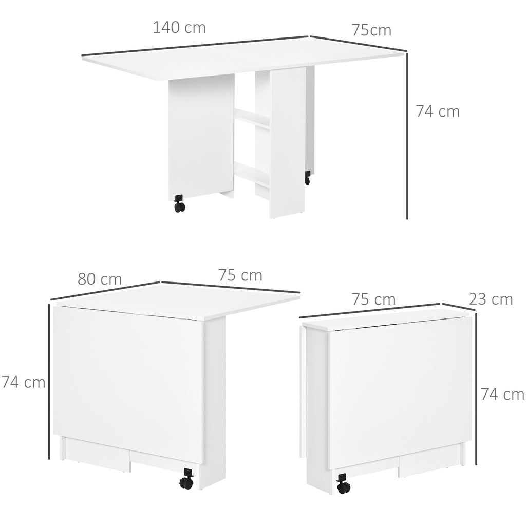 HOMCOM Esstisch, Klapptisch mit Rollen, Schreibtisch, Beistelltisch, Tisch mit Ablagefläche für Esszimmer, Holz, Weiß, 80 x 140 x 74 cm