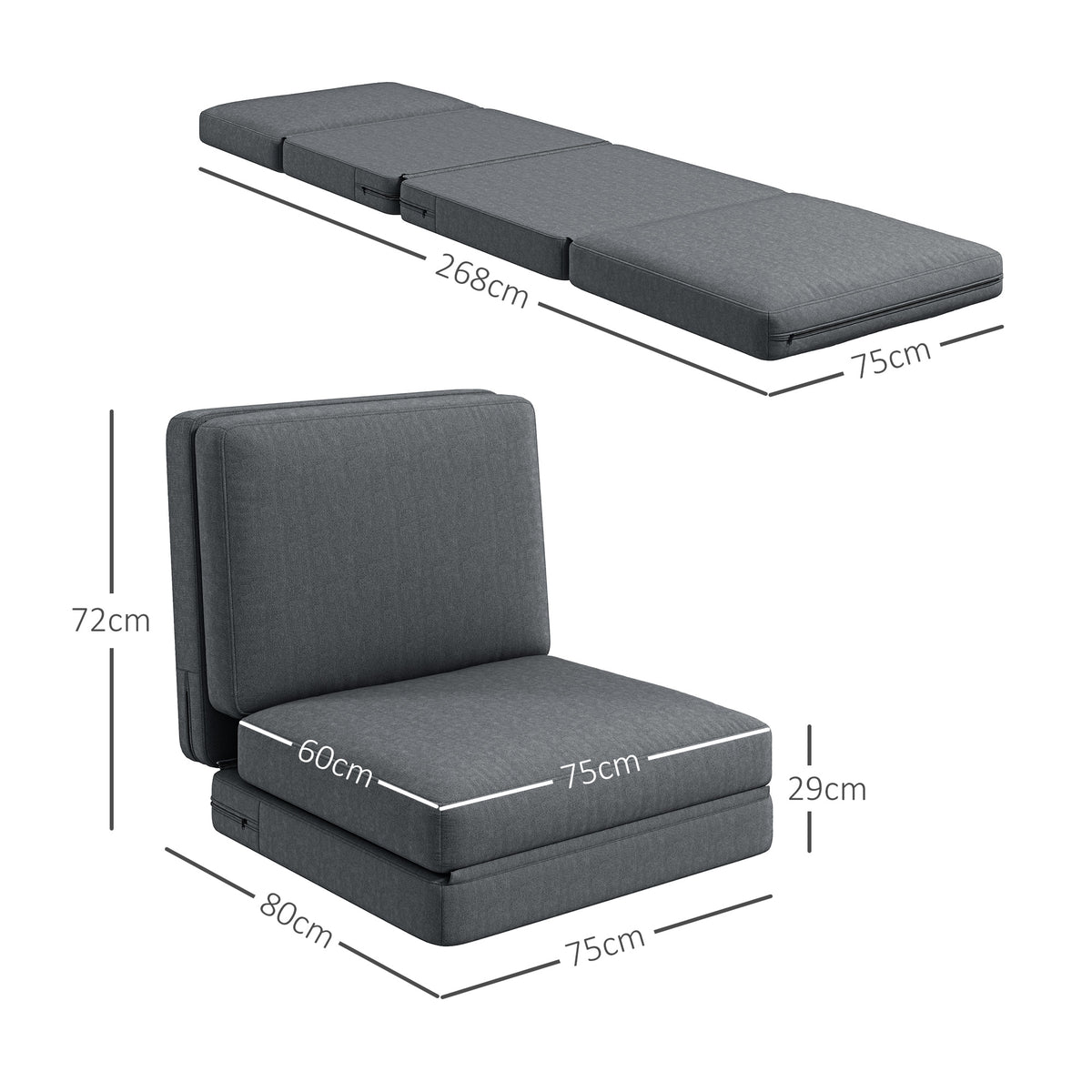 HOMCOM Faltbarer Bodensessel mit Kissen, wandelbares Polstersofa, Wohnzimmer, Gästezimmer, Büro, 75 x 268 x 18 cm, Dunkelgrau