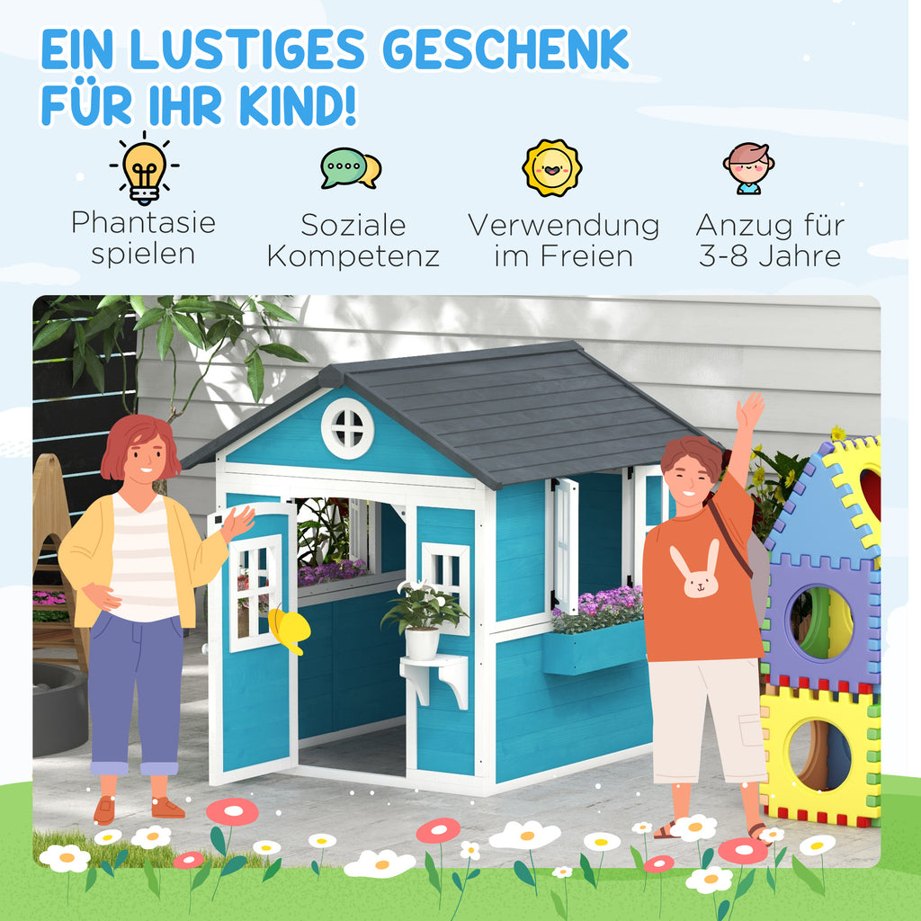 Outsunny Kinderspielhaus, Holz-Spielhaus für Kinder, Outdoor-Gartenspielhaus mit Fenstern, Blumentöpfe, 3-8 Jahre, Blau
